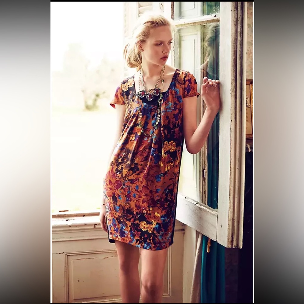 NWT Anthropologie Maeve Pintura Dress Tan with blue florals Size Small